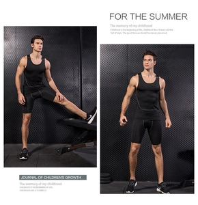 Detail of four-needle six-thread stitching on men's compression vest and gym shorts