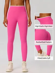 High-waist pink yoga leggings with ruched peach butt lifting and elastic fitness fit