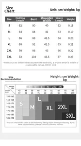 Detailed size chart for men's compression shirt with height and weight recommendations