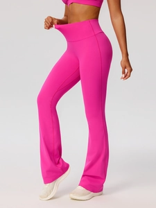 Hot pink high-waisted flared yoga pants with matching sports bra for gym fitness