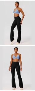 Dual view of light blue sports bra and black flare yoga leggings for fitness