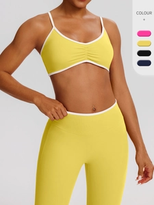 Women Ruched Sports Bra Contrast Binding V-Neck Yoga Top Quick Dry Adjustable Strap Fitness Workout Padded Activewear