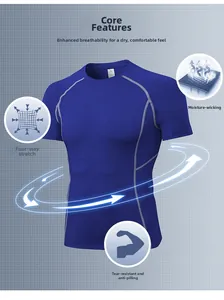 Men's navy compression shirt featuring gray contrast stitching and high-stretch breathable fabric