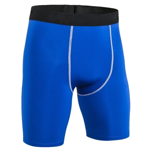 Mens compression sports shorts in bright blue with black elastic waist for running