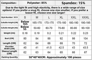 Detailed size chart for men's PRO compression fitness suit with polyester and spandex
