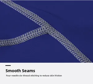 Detail of four-needle six-thread flatlock stitching on blue compression sports shirt