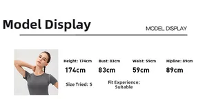 Größentabelle für Damen Sport T-Shirt mit Modelmaßen und Details zur Passform
