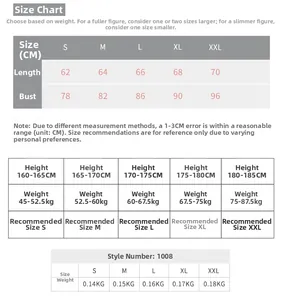 Size chart for men's compression shirt showing CM measurements and weight recommendations