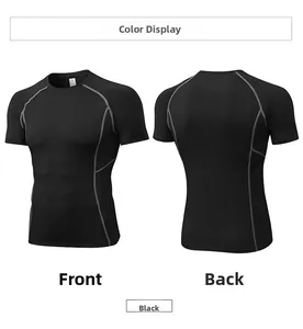 Front and back detail of black compression t-shirt with grey contrast stitching