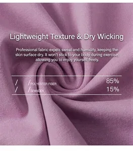 Détail du tissu de sport violet montrant la texture 85% polyester et 15% élasthanne