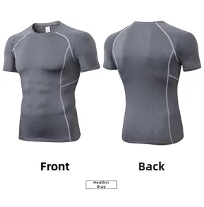 Front and back view of men's heather grey compression shirt with flatlock stitching details