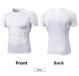 Front and back view of white pro compression fitness t-shirt with reinforced grey stitching