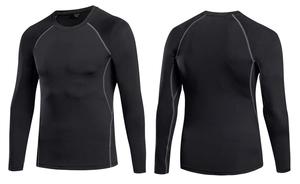Front and back detail of black compression long sleeve shirt with flatlock stitching