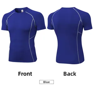 Front and back views of blue compression shirt with breathable mesh texture and grey seams