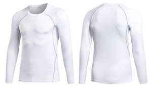 Front and back detail of white compression shirt with gray stitching and size M label
