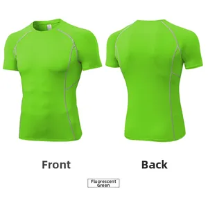 Detail of neon green compression shirt with raglan sleeves and contrast grey stitching