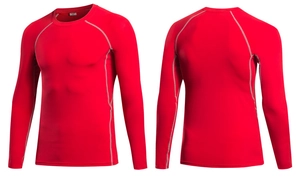 Detailed view of red compression shirt showing gray flatlock stitching and M size label