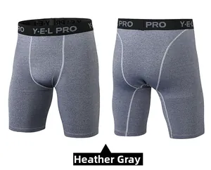 Detailed back and front views of men's athletic compression shorts in heather grey fabric