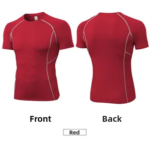 Front and back views of red compression sports T-shirt with visible stitching details