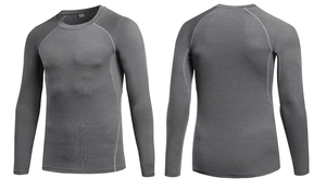 Detailed front and back views of gray long-sleeve compression shirt with crew neck