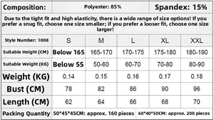 Detailed size chart for men's compression fitness shirt showing weight and height metrics