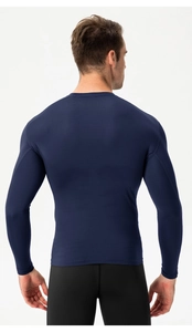 Detail of navy blue compression shirt showing ergonomic back fit and elastic dry-fit fabric