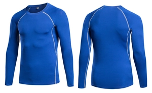 Blue men's compression sports T-shirt featuring grey contrast stitching and crew neck
