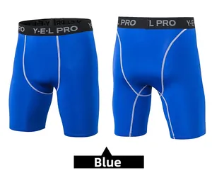 Detailed front and back view of men's quick-dry compression shorts in blue with white seams