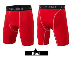 Detailed front and back view of red compression shorts with wide elastic waistband