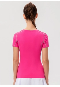 Rückenansicht des Pro Damen Fitness T-Shirts aus pinkfarbenem, atmungsaktivem Funktionsstoff