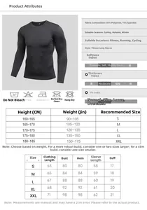 Size chart for men's compression long sleeve sports shirt with measurements in cm