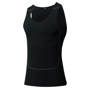 Men's black compression gym vest featuring breathable mesh panels and elastic dry fit fabric