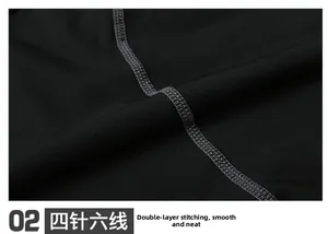 Detailed view of four-needle six-thread stitching on men's black compression shorts