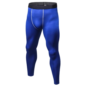Men's navy blue compression leggings for running and fitness with white reinforced stitching