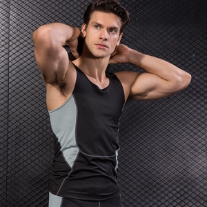 Men's compression sports tank top in black and grey mesh for gym, running and fitness