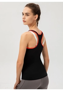 Vue arrière du soutien-gorge de sport dos nageur avec bordure orange et fines bretelles