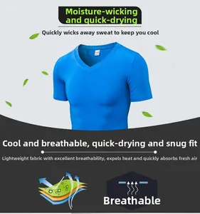 Detail of blue men's V-neck compression shirt with moisture-wicking breathable fabric