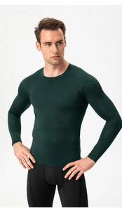 Close-up of high-elasticity dark green men's compression shirt with a round neckline