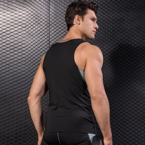 Men's black compression gym vest with grey breathable mesh panels and quick-dry fabric