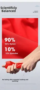 Close-up of red elastic nylon fabric showing moisture wicking and colorfastness tests