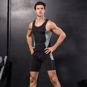 Men's ergonomic compression tank top and shorts set in black and grey for fitness