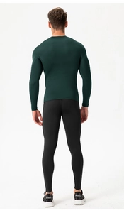 Rear full view of men's dark green compression shirt and black leggings for training