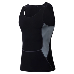 Men's athletic compression tank top in black with grey breathable side mesh panels