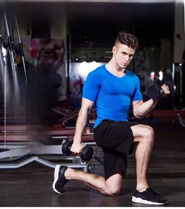 Men's royal blue V-neck compression shirt and black shorts for professional gym training