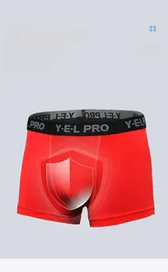 Macro view of men's red sport boxer briefs with 3D U-convex pouch and elastic waistband