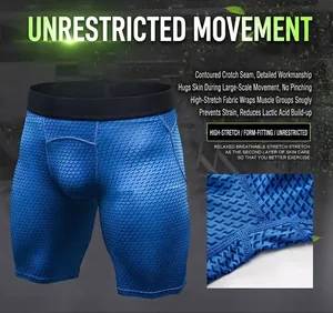 Close-up of men's compression shorts featuring blue 3D geometric grid and flatlock seams