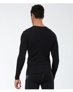 Rear view of men's black compression shirt showing high-elasticity and athletic fit