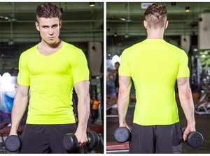Front and back view of neon green V-neck compression gym shirt for men with muscle fit