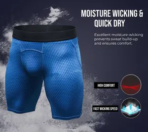 Detail of blue men's compression shorts with moisture-wicking honeycomb texture fabric
