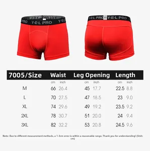 Detailed size chart for men's athletic boxer briefs showing measurements for M to 3XL